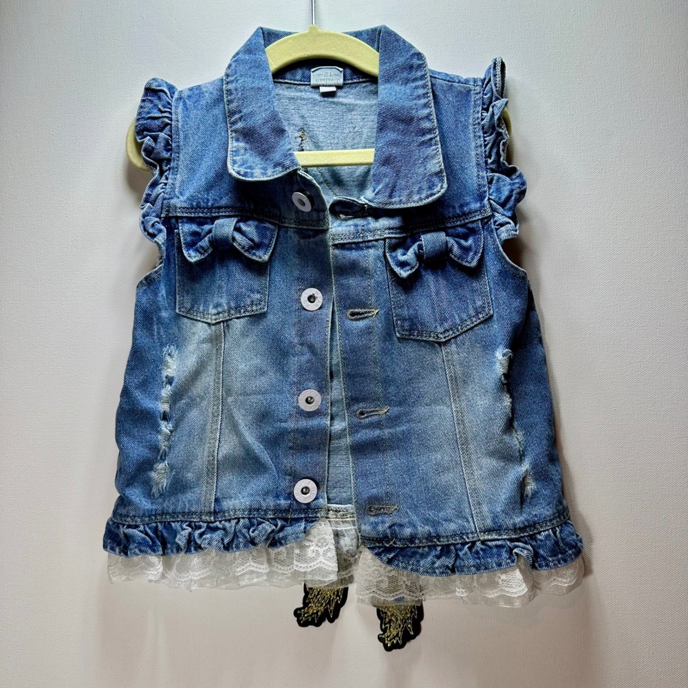 Yao Girls Denim Vest Peacock Sequin Patch Lace Trim Ruffle Blue Size 2-3T
